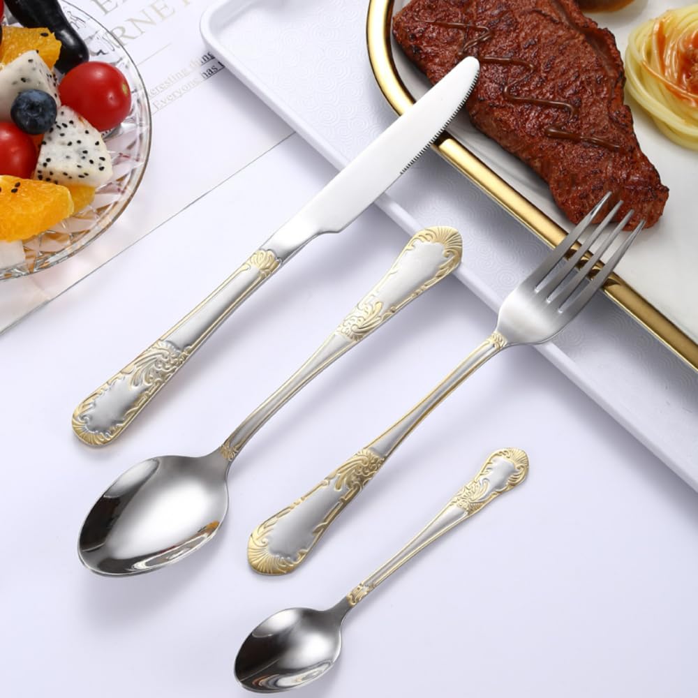 16 Pezzi Placcati In Titanio Fiori Incisi Cucina Acciaio Inossidabile Argenteria Posate Posate Coltelli Forchette Cucchiai Set Per 4 Persone, Hotel Casa Coltello Da Bistecca Cucchiaio Da Dessert (UN)