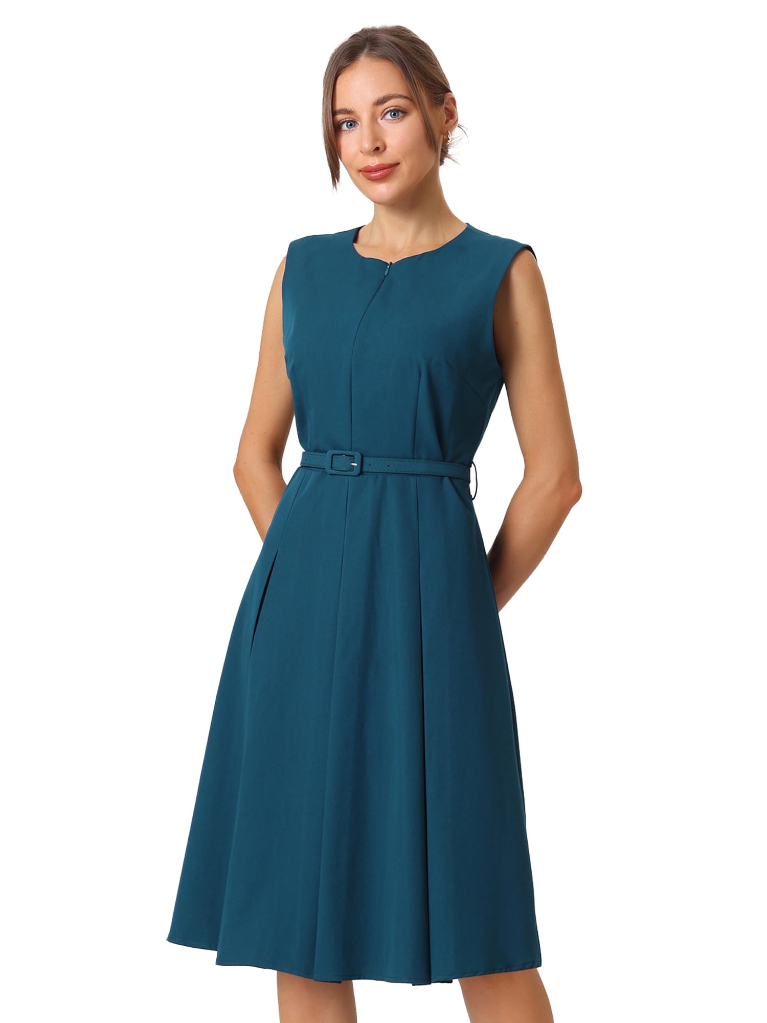 Hobemty Women's A-Line Dress Sleeveless Zip Up Office Work Flare Pleated Dresses with Belted