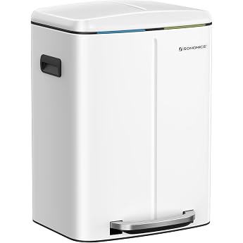 SONGMICS Kitchen Rubbish Bin 2 x 20 L Double Waste Bin 2 Inner Plastic Bins Hinged Lid Handle Soft-Closing Airtight White LTB40WT
