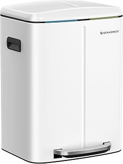 SONGMICS Double Rubbish Bin, 2 x 20L Kitchen Bin, Dual Compartment Metal Step Bin, with Plastic Inner Buckets, Soft-Close Lids, and Handles, Odour Seal, White LTB40WT