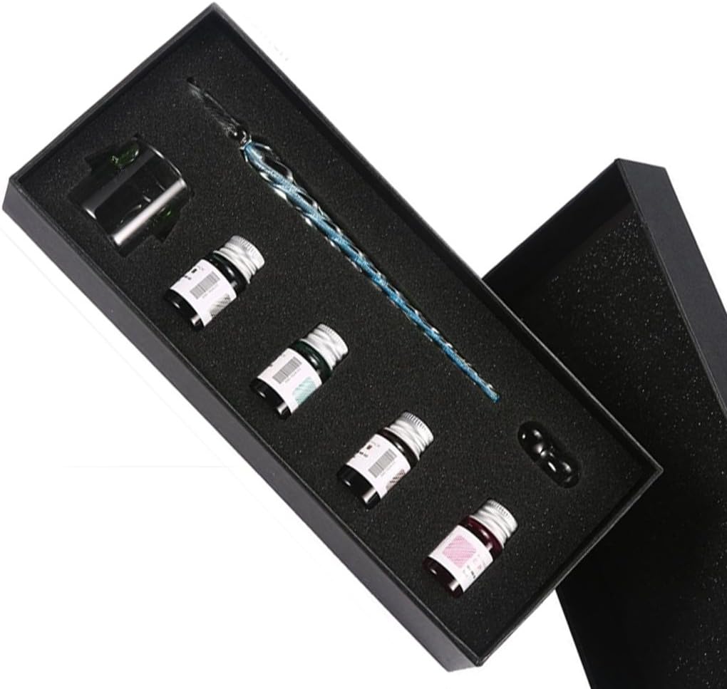 Crystal Glass Dip Ink Pen Set,Non-Carbon Ink Signature Pen Creative Writing Tools Ink Gift Pen Vintage Handmade Dip Pen For Writing Art Decoration Four Color Available (Blue sets)