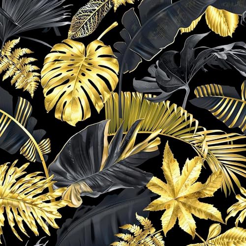 FunStick Papier Peint Jungle Noir et Doré Papiers Peints Feuillage Tropical Papier Adhesif pour Meuble Noir Papiers Peints Autocollant Palmier Cuisine Placard Stickers Muraux Salon Jungle 44.5CM×3M