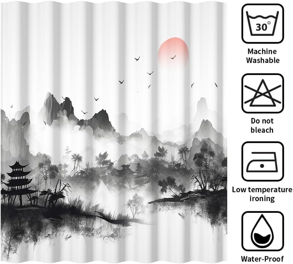 Chinese Ink Painting Shower Curtain Watercolor Black Mountain Pavilion Red Sun Flying Bird Trees Nature for Bathroom Set Decor Machine Washable Waterproof Polyester Fabric with Hooks 72x72 Inch