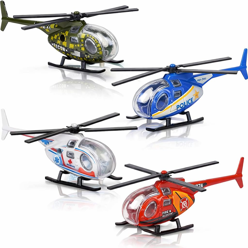 ArtCreativity Diecast Helicopter Toy - Pack of 4 - Police, Fire Engine, EMS, and Military Diecast Toy Choppers with Spinning Propellers, Birthday Party Favors for Boys and Girls