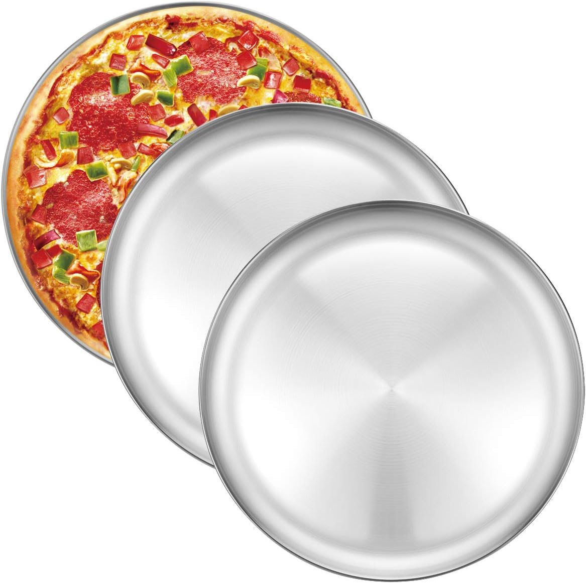 Deedro 12 Inch Pizza Pan, Stainless Steel Pizza Tray Baking Sheet for Oven, Round Plates for Cookie Pie Pizza Salad, Healthy & Durable & Dishwasher Safe, 3 Pack