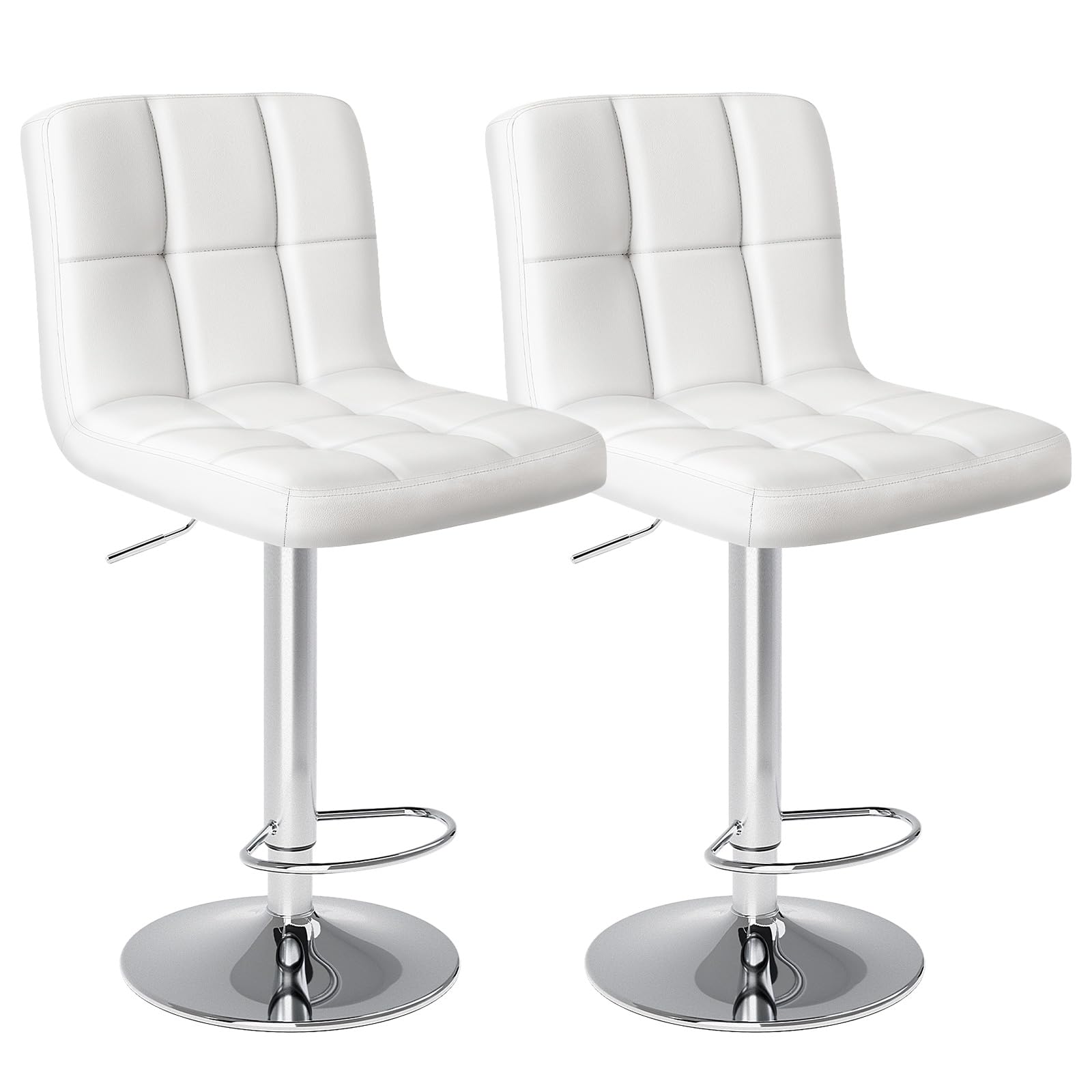 Sweetcrispy Bar Stools Set of 2, Armless PU Leather Adjustable Swivel Barstools, Hydraulic Kitchen Counter Height Thickened Seat Cushion Square Island Countertop Chairs with Back - White