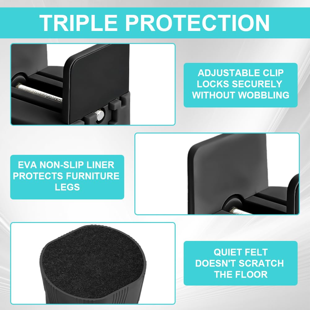 Set di 4 rialzi per mobili, 6 – 8 cm, regolabile con morsetto a vite, per 10 mm – 50 mm di larghezza, quadrato e rotondo, per mobili, per divano e tavolo, Nero