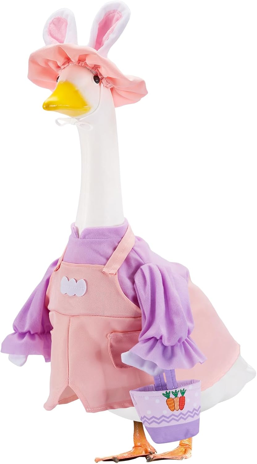 Easter Porch Goose Outfits for 23 Inch Lawn Statue, Purple Bunny Girl Costume for Plastic/Cement Statue, Duck Sculpture Clothes for Yard Patio Party Decoration