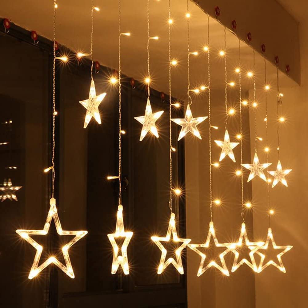 Luces de cortina de Navidad con 12 estrellas, 138 LED, cadena de luces de estrella funciona con pilas, luces LED para ventana, luces de hadas para Navidad, boda, fiesta, (blanco cálido)