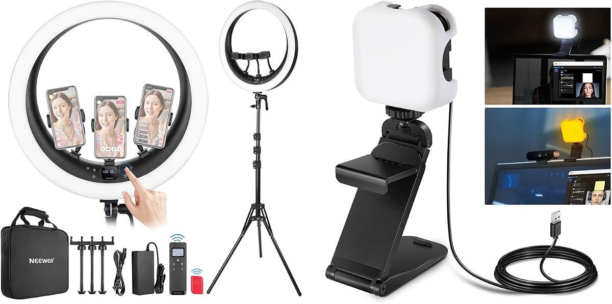 NEEWER Anillo de luz RP19H de 19 pulgadas con soporte, 3 soportes para teléfono y luz de transmisión LED, control táctil/2.4G mejorado, atenuación suave al 1%, 42W CRI 97+ 2540lux, profesional para iluminación con zoom de transmisión