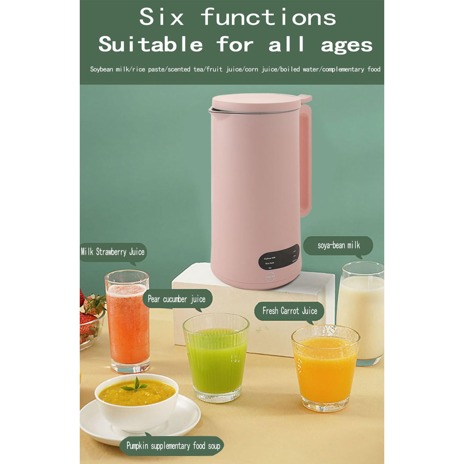 Mini macchina elettrica per latte di soia, 350 ml, sei funzioni, funzionamento silenzioso, per succhi di frutta, pasta di riso, miscelazione di alimenti,Pink