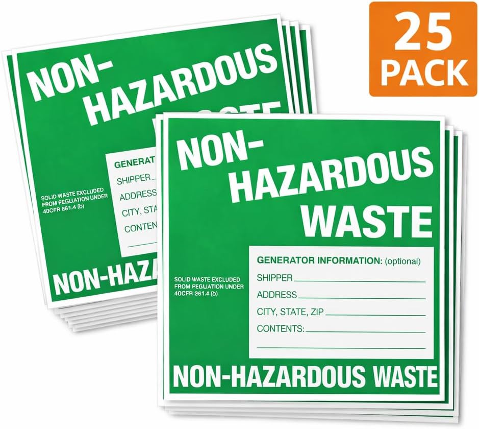 Non-Hazardous Waste Labels, 6 x 6 inches, Green/White, Self-Adhesive Vinyl, Pack of 25