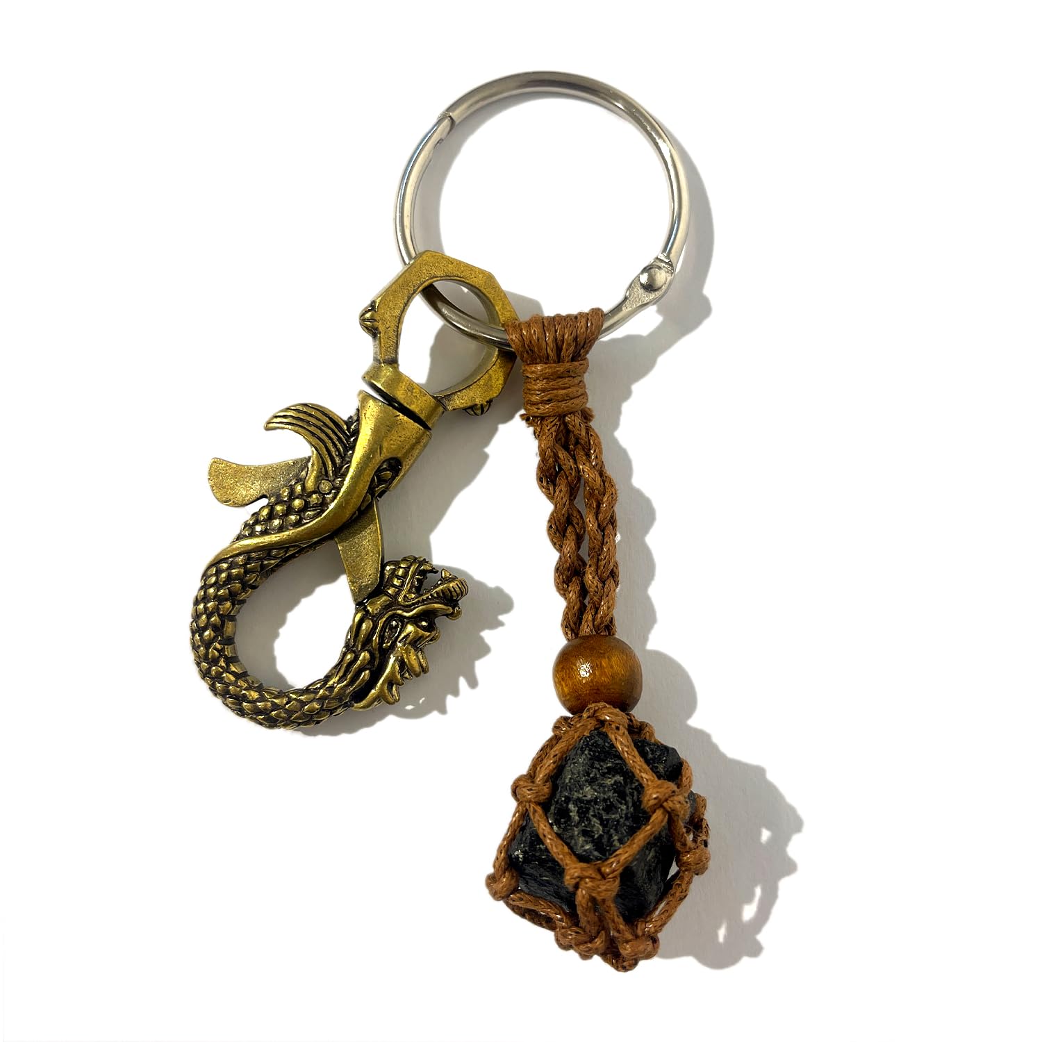 Brass Dragon Copper Keychain Natural Black Tournament Crystal Protection, Handmade Rope Corkscrew for Men Gift