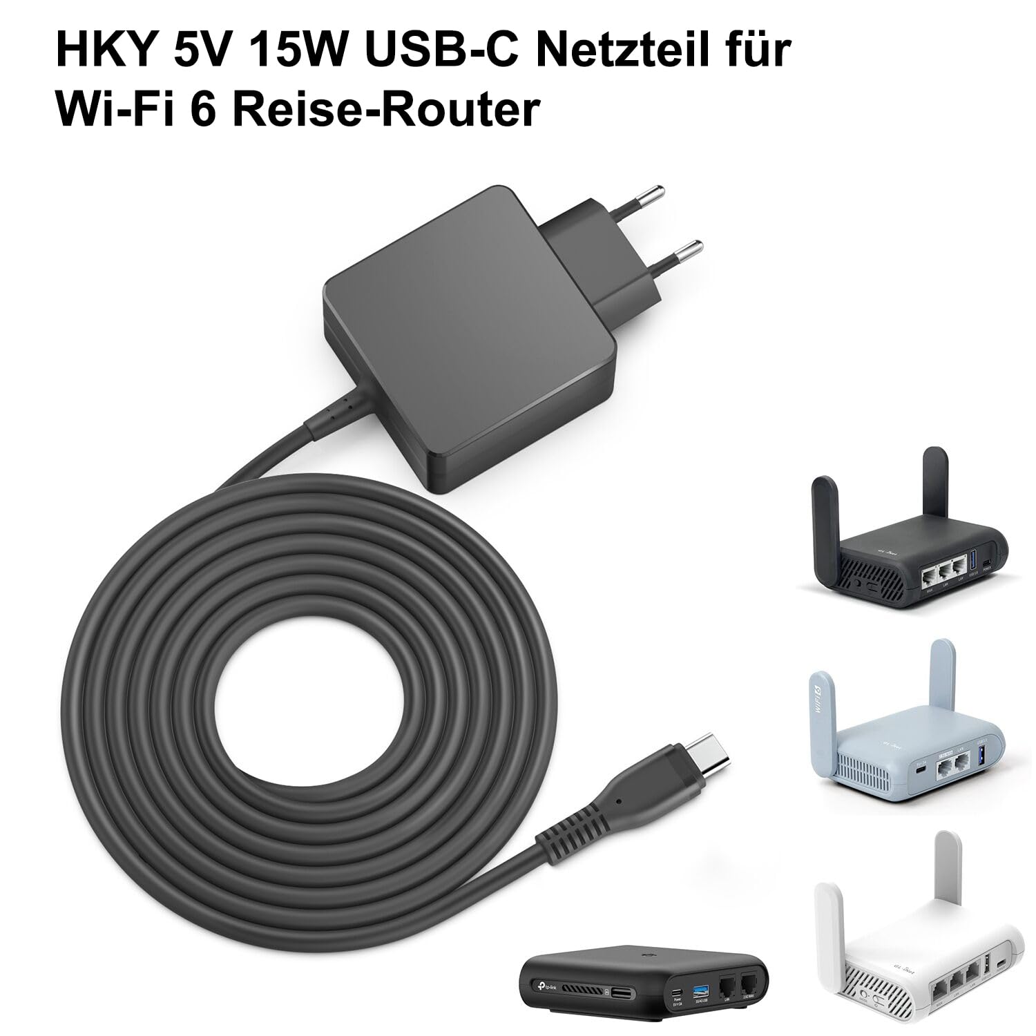 HKY Netzteil 5V 3A 15W Ladegerät für Wi-Fi 6 Reise-Router für GL.iNet GL-SFT1200 GL-AR300M16-Ext Mobile GL-AR300M16 Mini Router, TP-Link TL-WR3002X, für Smartphones/Tablets/MP3-MP4 Player/eBooks/Navi
