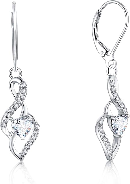 JO WISDOM Women Earrings,925 Sterling Silver Infinity Leverback Dangle & Drop Earrings with 3A 4 * 4mm Heart-cut Cubic Zirconia
