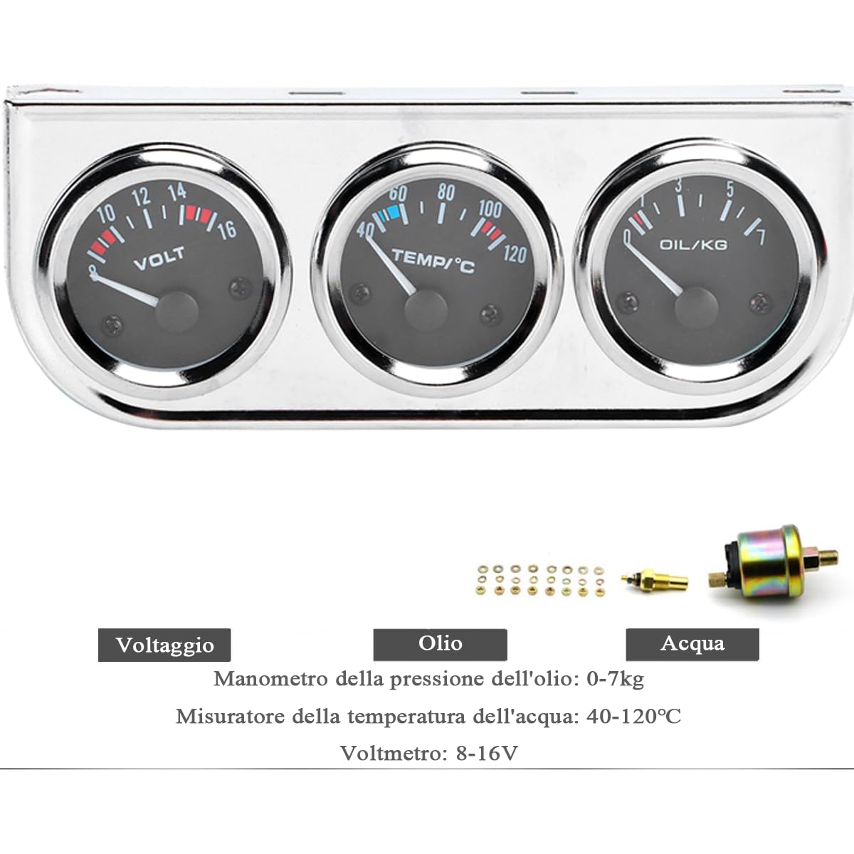 Jauge Voiture 3 En 1 - Température Eau, Pression Huile, Voltmetre 52mm - Kit Complet M10x1
