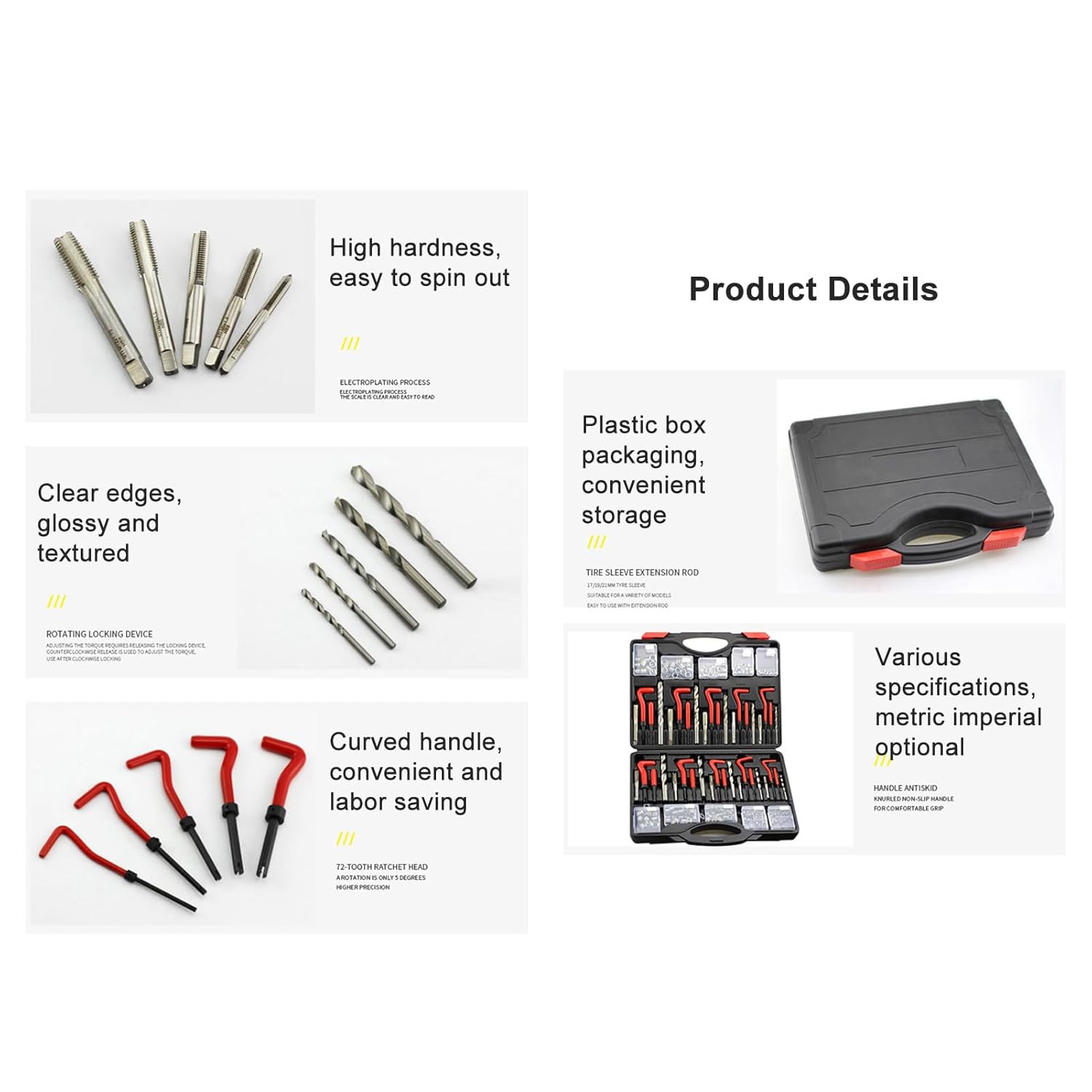 261Pcs Thread Repair Tools Kit Metric Imperial Self Tapping Inserts Drill Bit Kit for Automotive Parts Switch with M5 M6 M8 M10 M12 1/4 5/16 3/8 7/16 1/2 Sizes