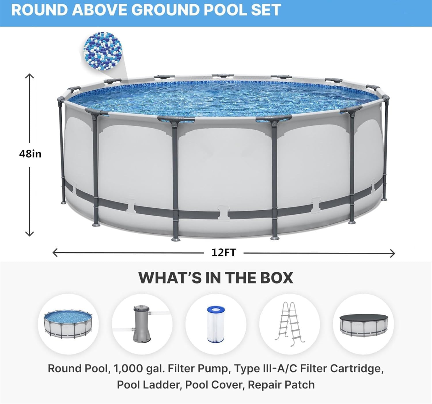 12' x 48" Round Above Ground Swimming Pool Set with Sand Filter Pump, Ladder & Cover – Durable Steel Frame Outdoor Pool for Backyard Family Fun (12' x 48")