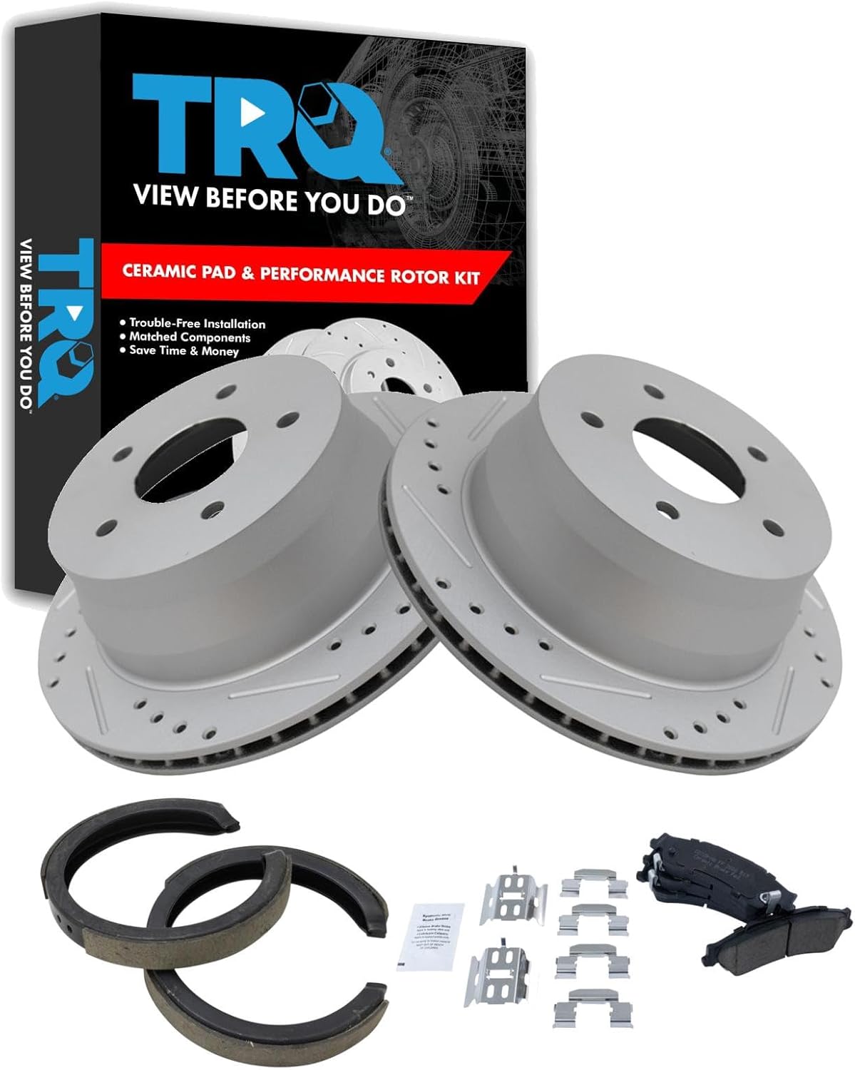 TRQ Rear Brake Pad & Rotor Ceramic Drilled Coated Parking Shoes Compatible with 1997-2005 Chevrolet Blazer 1998-2004 S10 Sonoma 1997-2001 GMC Jimmy 1998-2001 Oldsmobile Bravada 1998-2000 Isuzu Hombre