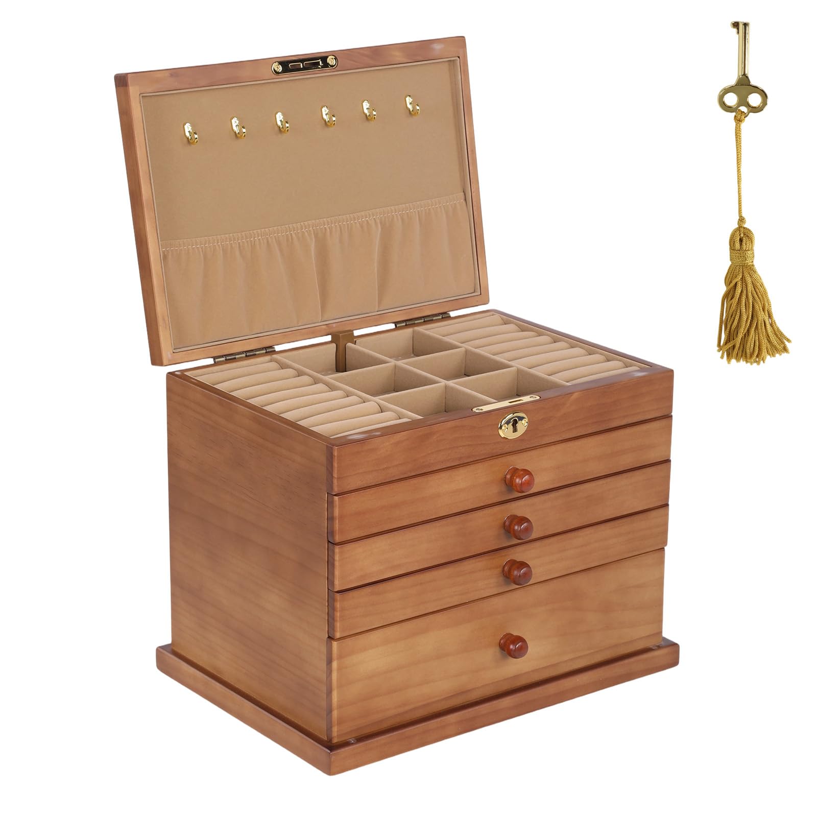 5-Layer Wooden Jewelry Box with Lock and Key Jewellery Storage Case Built in Necklace Hooks for Jewelries Watches Necklace Ring
