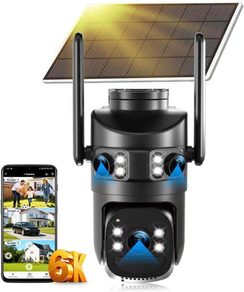 8MP 6K Triple Lens Solar Security Camera Outdoor, 5GHz/2.4GHz WiFi Wireless PTZ Camera, Color Night Vision, Auto Human Tracking, Two-Way Audio,IP66 Weatherproof Home Surveillance Cam