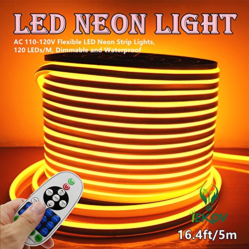 Led Neon Light, Iekov™ Ac 110-120V Flexible Led Neon Strip Lights, 120 Leds/M, Waterproof 2835 Smd Led Rope Light + Controller Power Cord For Home Decoration (16.4Ft/5M, Golden Yellow) #TOP1