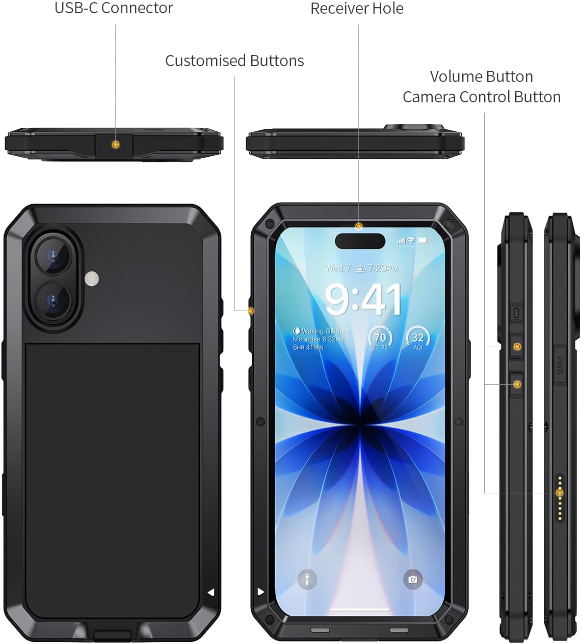 Lanhiem Metal for iPhone 17 Case, Built-in Glass Screen Protector, Heavy Duty Shockproof Case [Military-Grade Full Protective] Tough Rugged Phone Cover for iPhone 17 6.3'', Black - Image 8