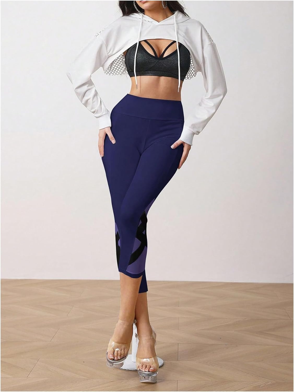 OYOANGLE Women's Mesh Yoga Leggings with Pocket High Waisted Workout Leggings Gym Stretch Tummy Control Yoga Pants