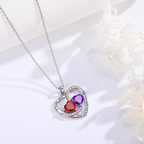 Miniatura 5 de Collar de piedra natal de corazón para mujer, chapado en oro rosa de 14 quilates, oro blanco, colgante de doble corazón superpuesto, aniversario