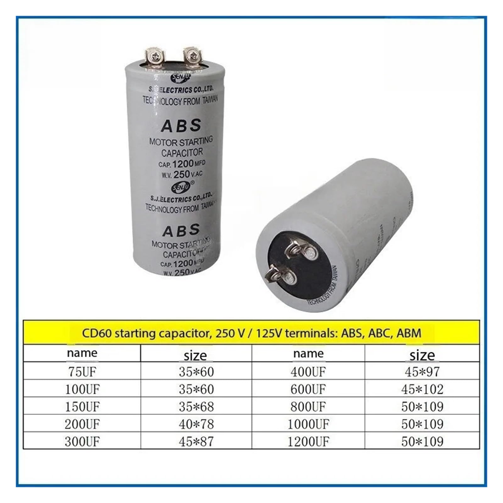 1 Uds CD60 condensador de arranque ABS-75MFD/100UF/150/200/300/400/600~1200UF 250V(1200uF 250V)