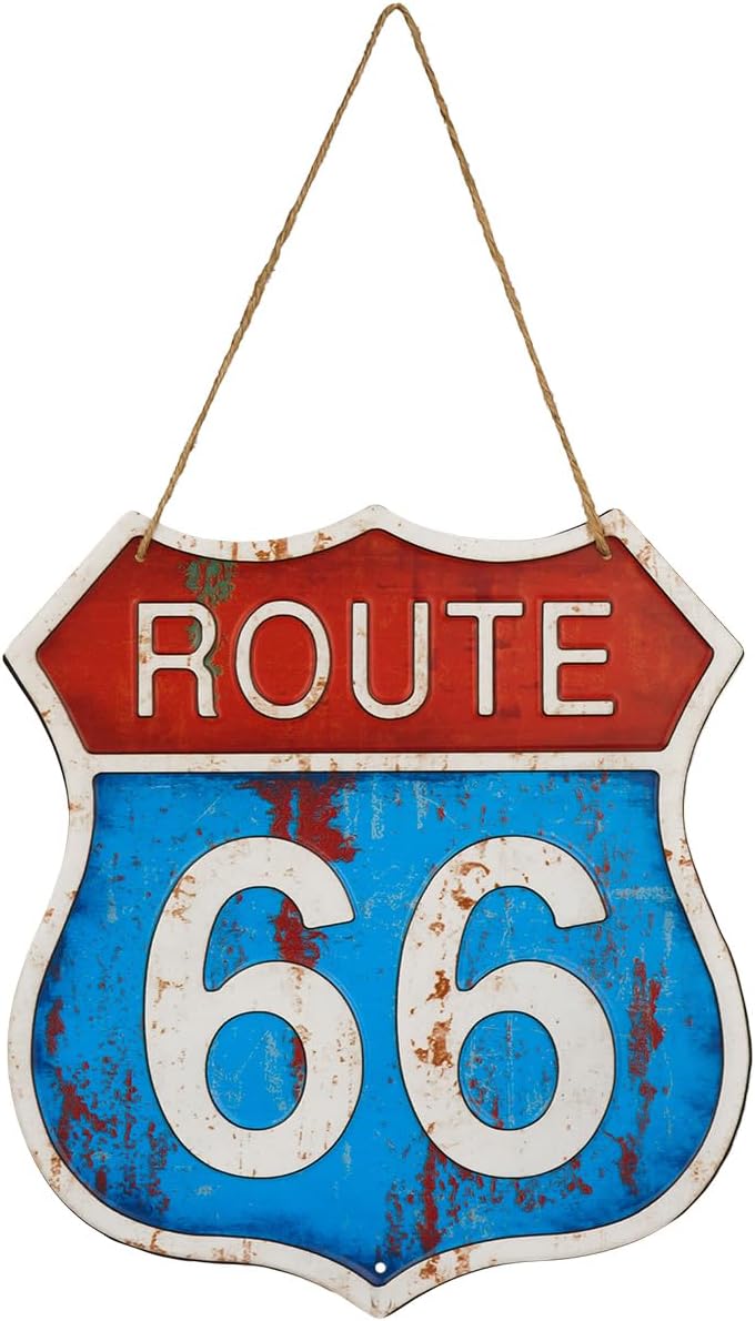 Vintage Style Route 66 Road Sign Wall Decor, 12x 12 in, outdoor yard sign (Red and Blue)