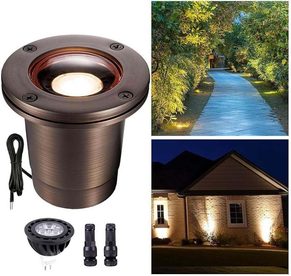 Gardenreet Brass Well Light - IP67 Waterproof Low Voltage In-Ground Outdoor Light, 12V LED Landscape Lighting, Antique Bronze for Pathway Wall Tree with 2700K Warm MR16 Bulb