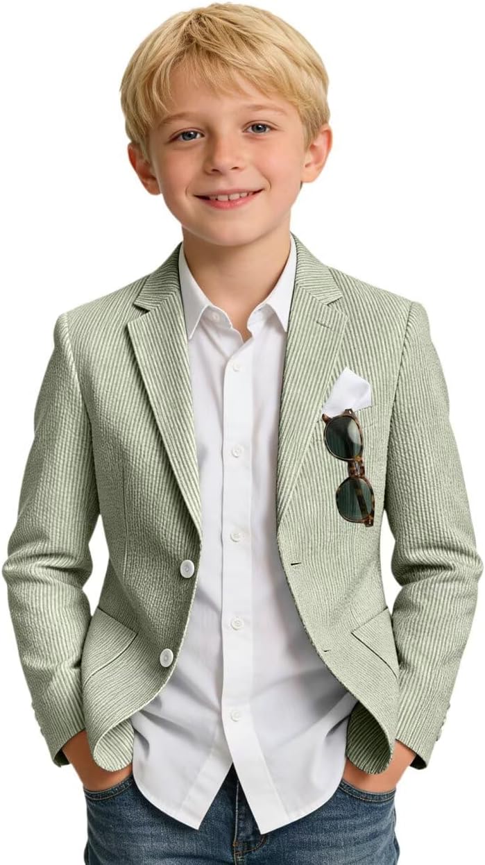 Retro Boys Blazer Seersucker Suits Jackets Casual Stripe Kids Sports Coat for Boy Tuxedos Beach Wedding Jacket