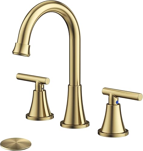 Grifos de baño para fregadero de 3 agujeros, grifo de lavabo de baño dorado cepillado con drenaje emergente y líneas de suministro, grifo