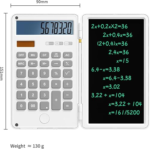 Miniatura 2 de Calculator with Writing Pad,12-Digit LCD Display, Dual Power Solar + Coin Cell,1-Yr Battery Life Silicone Keys for Comfort Lightweight Portable for