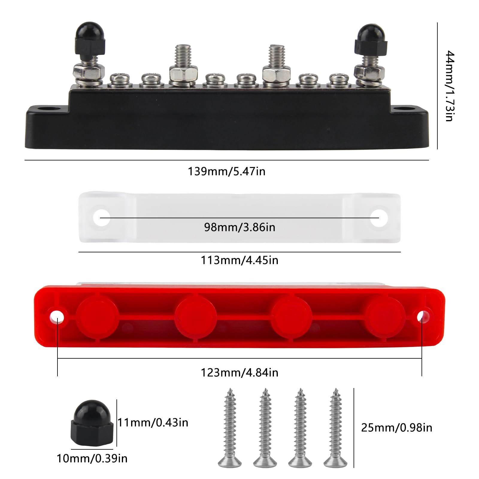 2 sztuki szyn zbiorczych 12 V-48 V DC szyna zaciskowa (czerwona i czarna) | Blok rozdzielczy listwa zaciskowa 150 A z pokrywą 6 x M4 i 4 x M6 bolce zaciskowe do samochodów ciężarowych, jachtów, łodzi