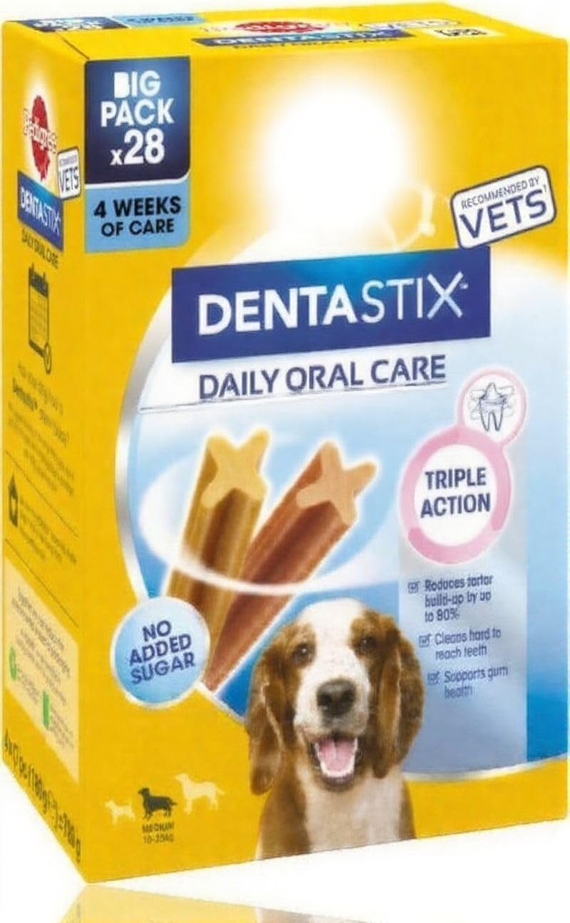 Daily Dental Care Chews for Medium Dogs (10-25kg) – 28 Pack, Vet Recommended, Triple Action, Reduces Tartar, Supports Gums, Natural Dog Dental Sticks