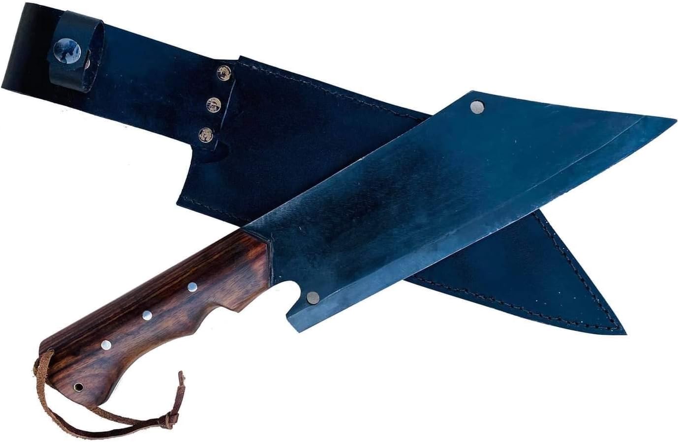 10 Inch Bumpak Kitchen Knife with Black Leather Sheath, High Grade Carbon Steel Blade, Rosewood Handle, Handmade in Nepal