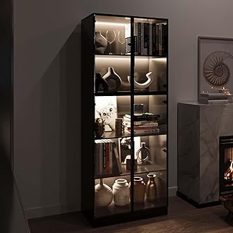 78.7" Tall Display Cabinet with Glass Doors and LED Light, Black Curio Cabinets, Bookcase with 5-Tier Shelves, Trophy Glass Display Case for Collectibles