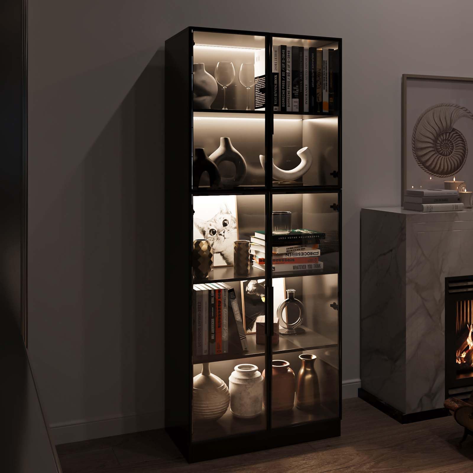 78.7" Tall Display Cabinet with Glass Doors and LED Light, Black Curio Cabinets, Bookcase with 5-Tier Shelves, Trophy Glass Display Case for Collectibles