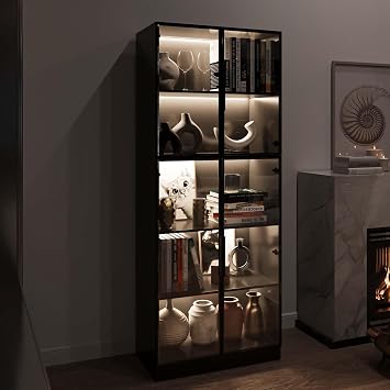 78.7" Tall Display Cabinet with Glass Doors and LED Light, Black Curio Cabinets, Bookcase with 5-Tier Shelves, Trophy Glass Display Case for Collectibles