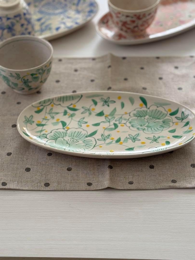 栗原はるみ　花唐草楕円皿と飯碗セット　緑 栗原はるみ 花唐草楕円皿と飯碗セット 緑 WEB限定セット】花中華の