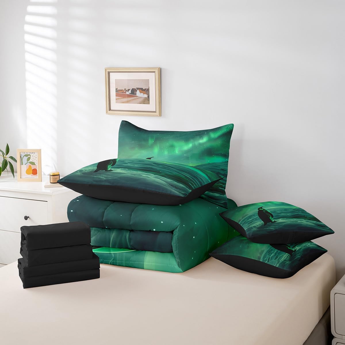 Erosebridal 7 Pcs Penguin Bed in a Bag Queen Comforter Set,Natural Iceberg Sheet Set for Kids Teens,Stars Galaxy Starry Sky Polar Animal Bedding with Comforter,Dreamy Ombre Green Aurora Quilt Cover