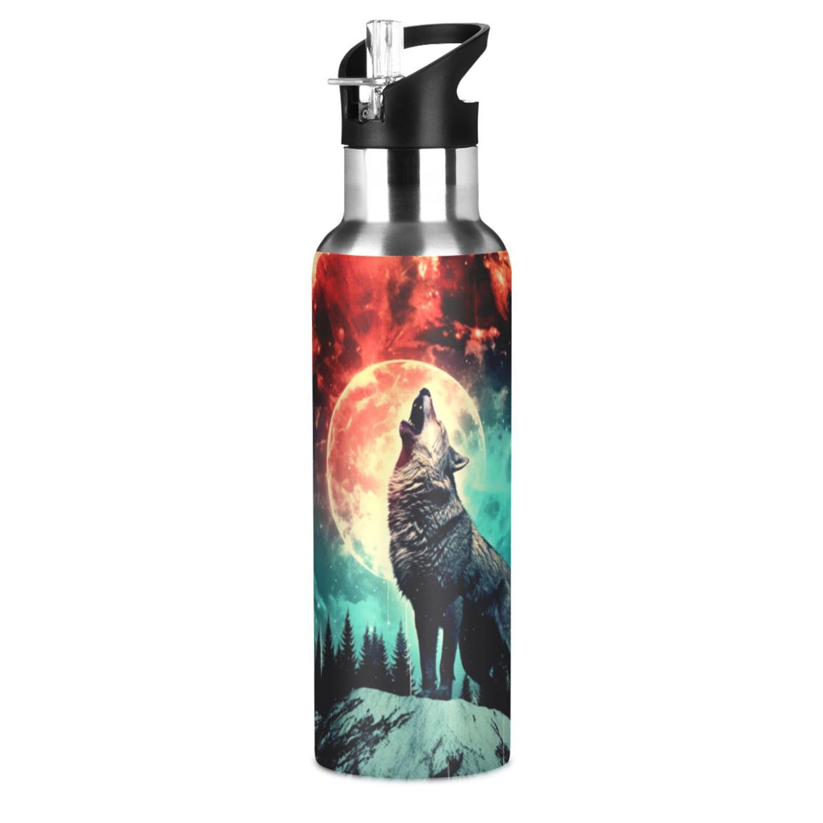 Moon Wolf Howling Water Bottle Kids Insulated Boys Girls Stainless Steel Straw Lid 20 oz Hot Cold Water Flask School Sport