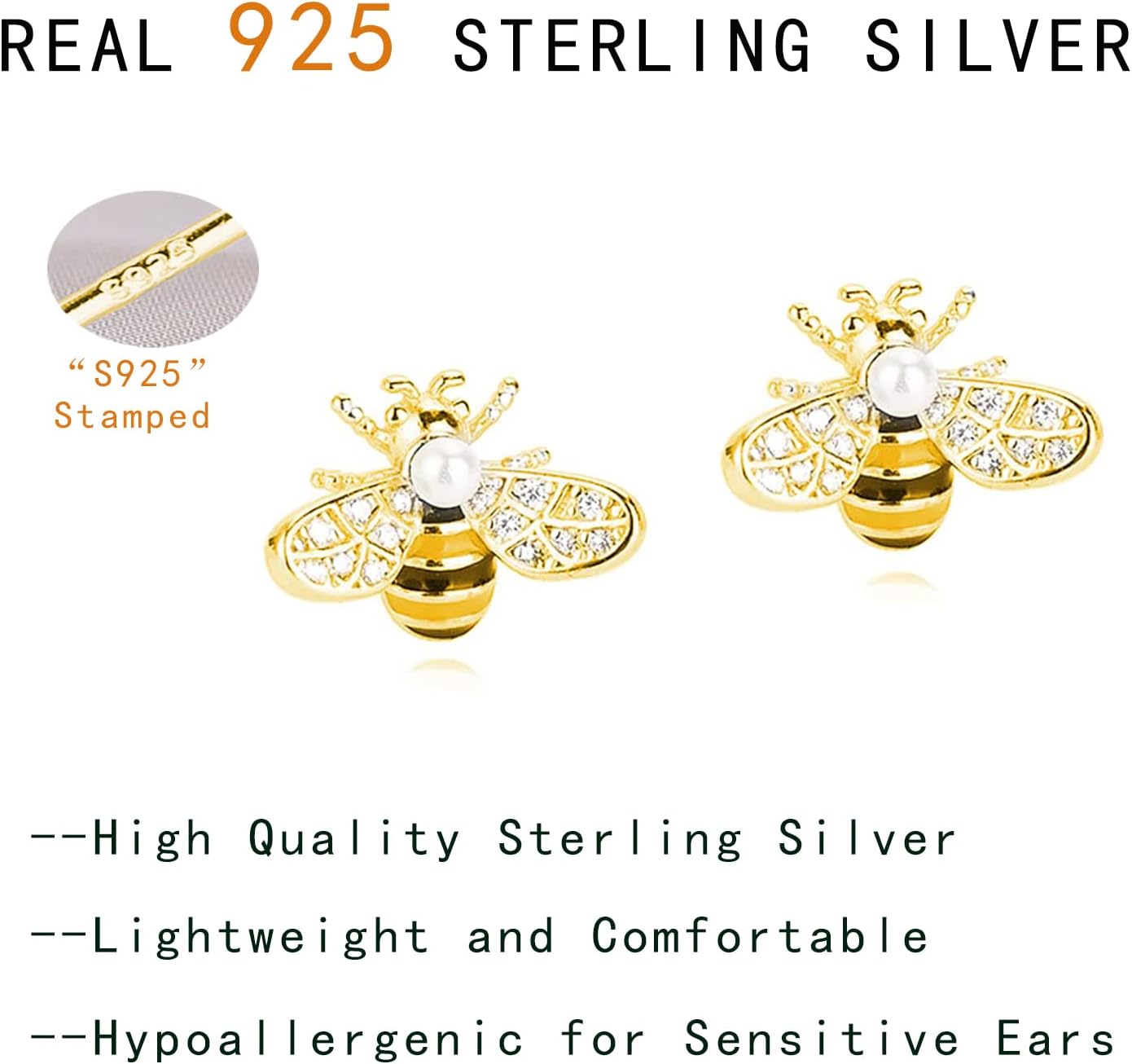 Reffeer Solid 925 Sterling Silver Cute Bee Earrings Stud for Women Teens Small Freshwater Pearl Bee Earrings - Image 8