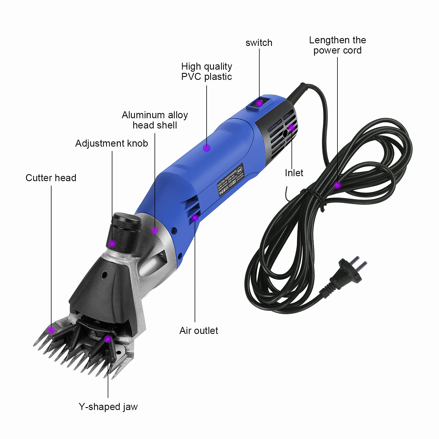 Vinteky Forbici elettriche per pecore, 780W Tosatrici professionali per la toelettatura degli animali Cesoie per capre regolabili Cesoie per lana per Sheep Horse Alpaca (Blu)