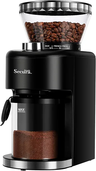 Secura Brands Conical Burr Coffee Grinder Electric Espresso Coffee Grinder with 35 Ajustable Precise Grind Settings for 2-12 Cup 8.8 Ounce Coffee Bean Storage