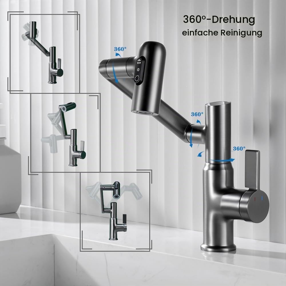Smart Temperatur Badezimmer Wasserhahn, Einhand-Badezimmerarmatur, Waschbeckenarmatur, Küchenarmaturen (mattgrau)