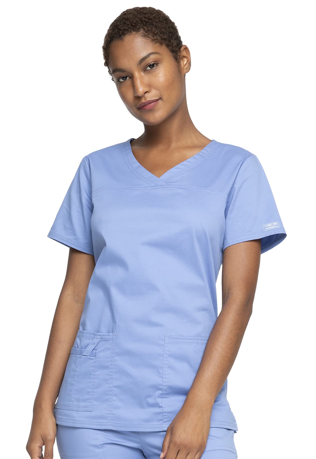 Damen-Schlupf-Set Workwear Core Stretch 4727 V-Ausschnitt Oberteil & 4005 Mid Rise Cargohose zum Hineinschlüpfen, Ciel- 4XL Oberteil/3XL Hose