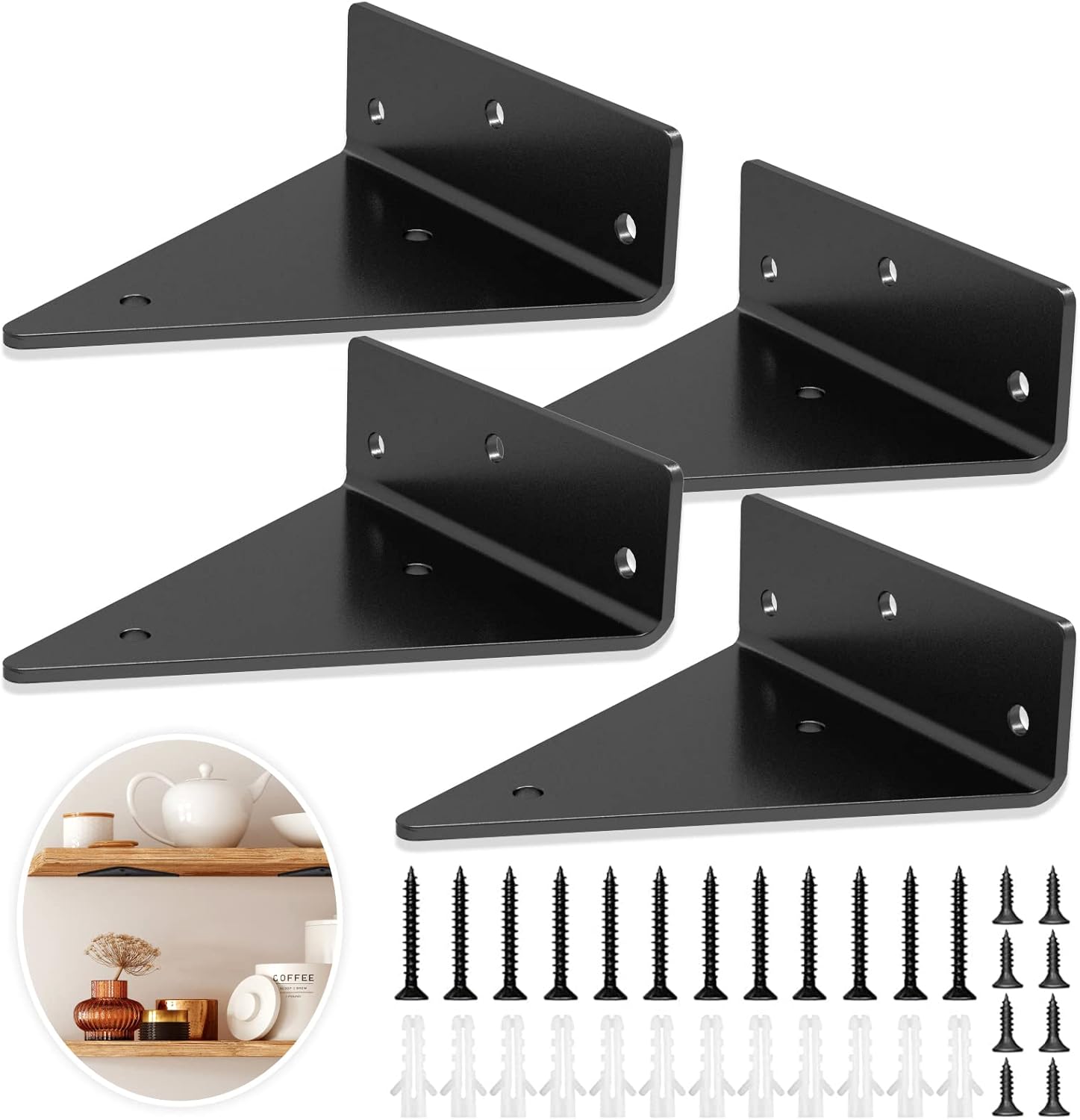 6 Inch Triangle Shelf Brackets - Heavy Duty & Extra Thick, 4mm Thick Triangle Shelf Brackets for Shelves - 4 Pack Floating Shelves Brackets Decorative Hidden Brackets for Floating Wood Shelves